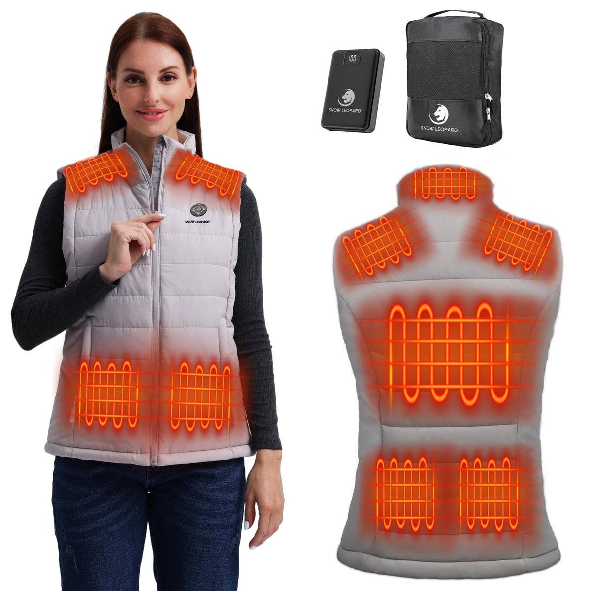 Snow Leopard women's heated vest collar heat delivers core warmth on chilly mornings.