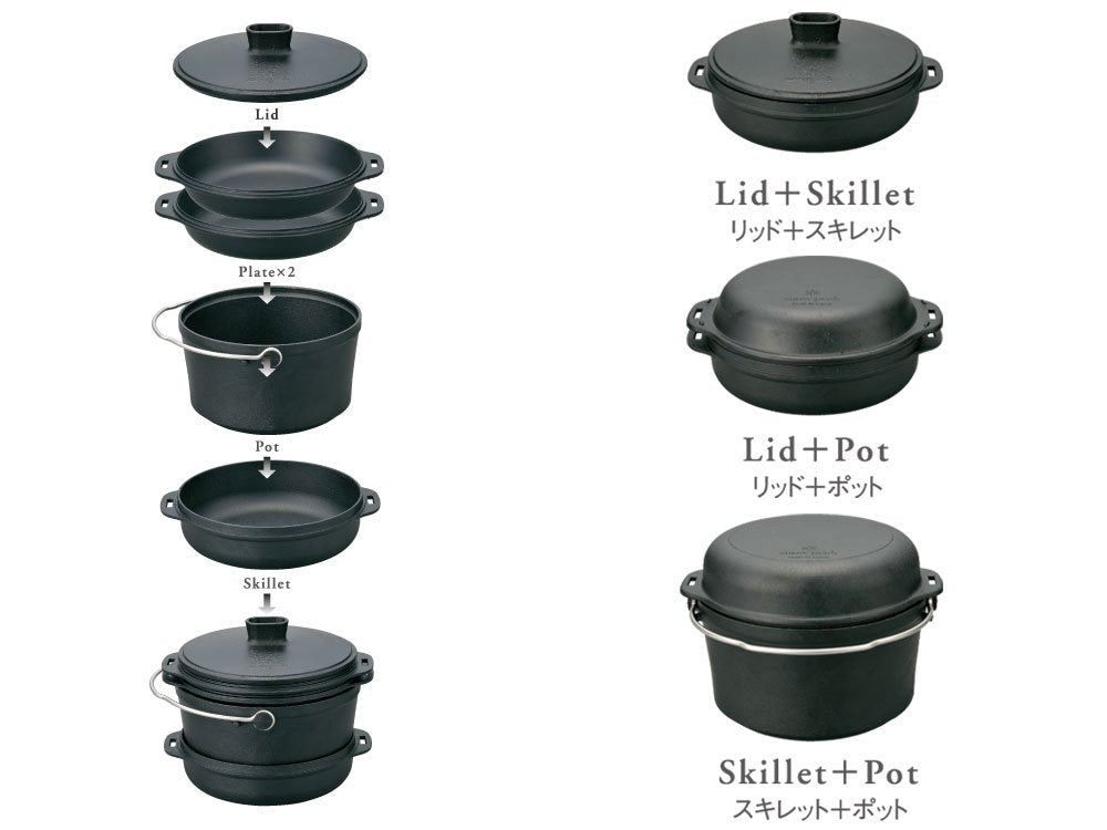 Snow Peak Cast Iron Duo Cooker lid aiding heat retention for faster simmering