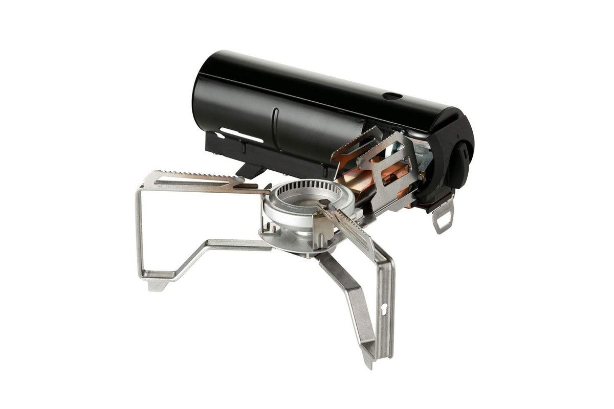 Snow Peak Home & Camp Burner folded for compact storage, ideal for travel.