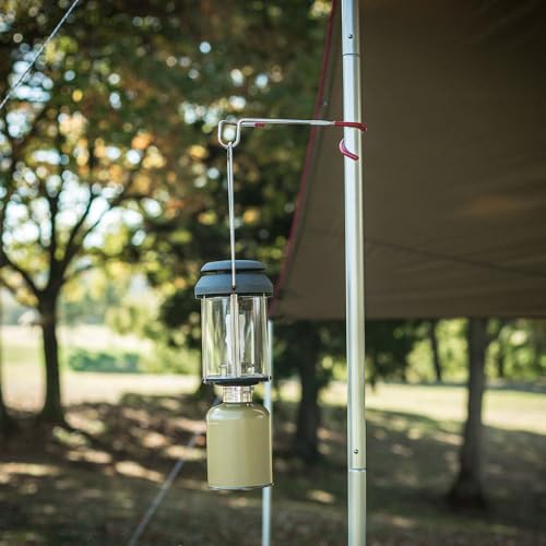 Snow Peak Lantern Hanger Large side-mount demonstrates wingpole compatibility for camp setups.
