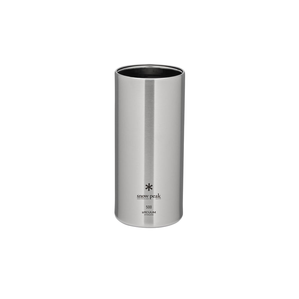 Snow Peak Shimo can cooler in hand, vacuum-insulated for a cooler drink.