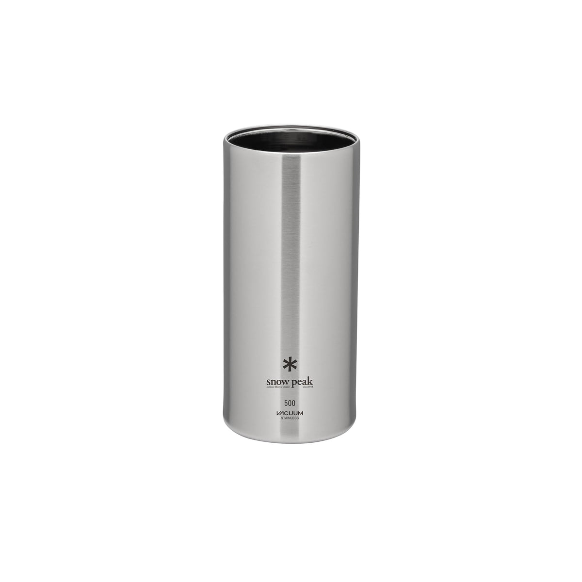 Snow Peak Shimo can cooler in hand, vacuum-insulated for a cooler drink.