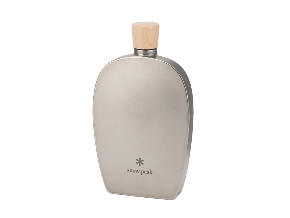 Snow Peak titanium flask bottle on flat lay highlighting ultra-light portability for camping