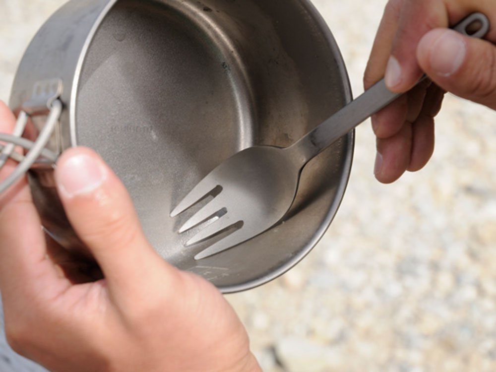 Snow Peak Titanium Foon packable cutlery that fits compact setups.