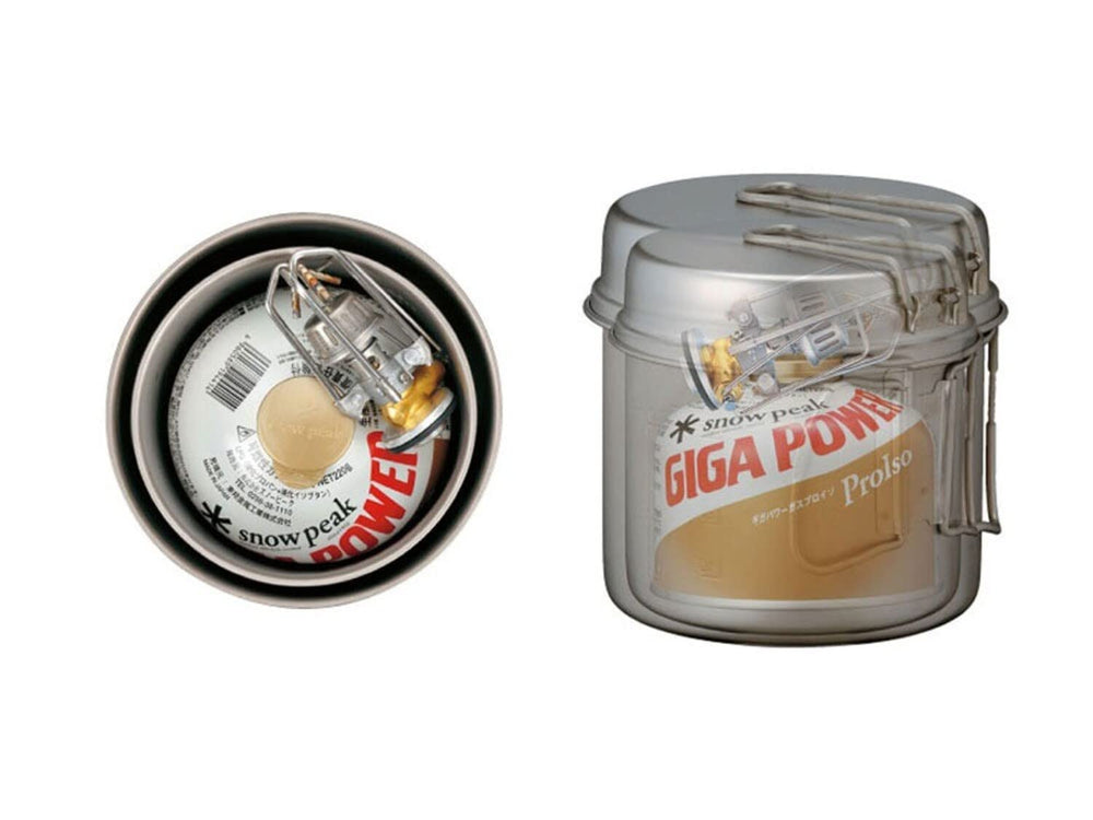 Snow Peak Trek 1400 cookset folding-handles for compact, snag-free packing.