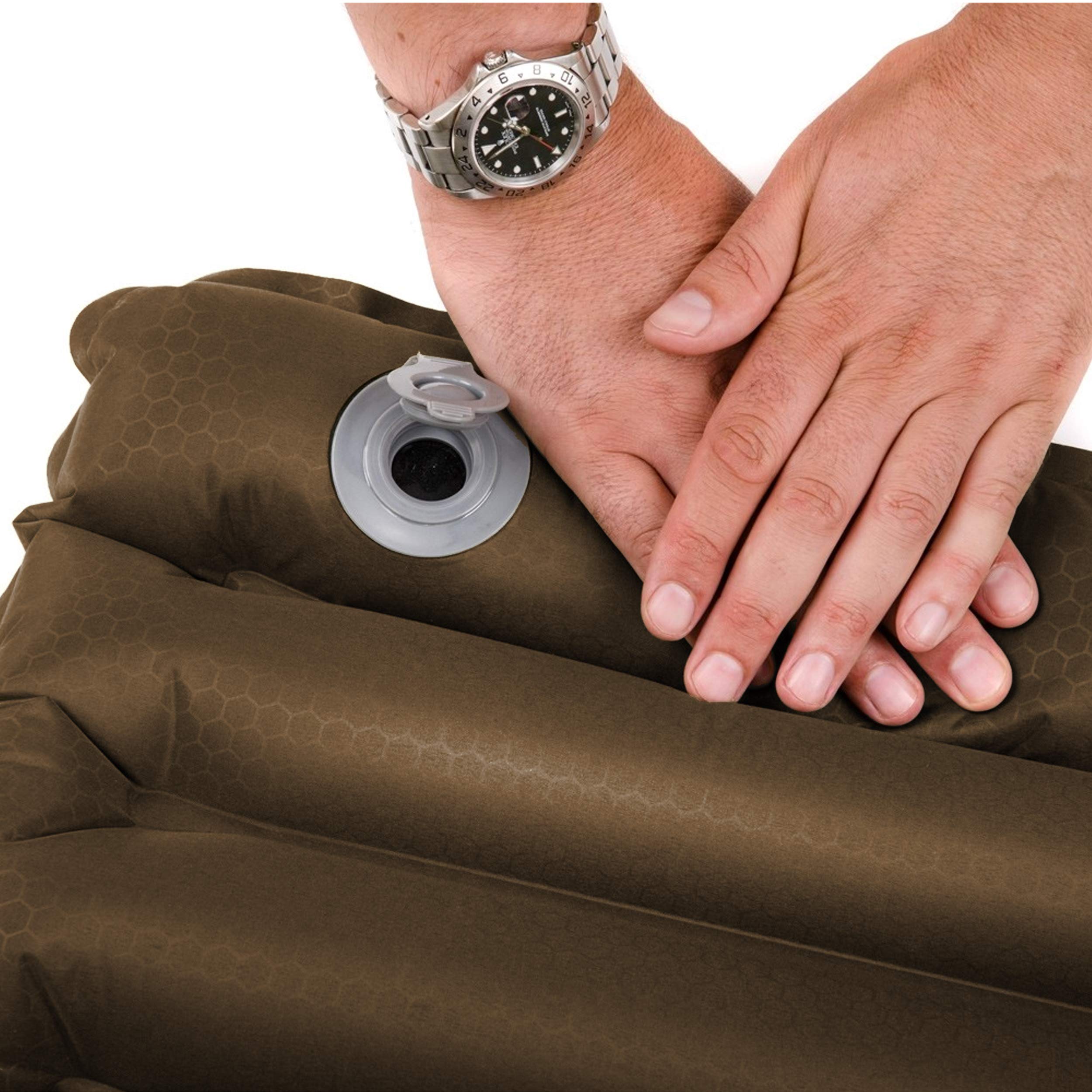 Snugpak Basecamp Ops Air Mat features peach brushed polyester bottom for grip.