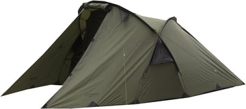 Snugpak Scorpion 3 IX tent olive with front porch for gear storage.