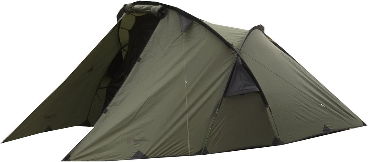 Snugpak Scorpion 3 IX tent olive with front porch for gear storage.