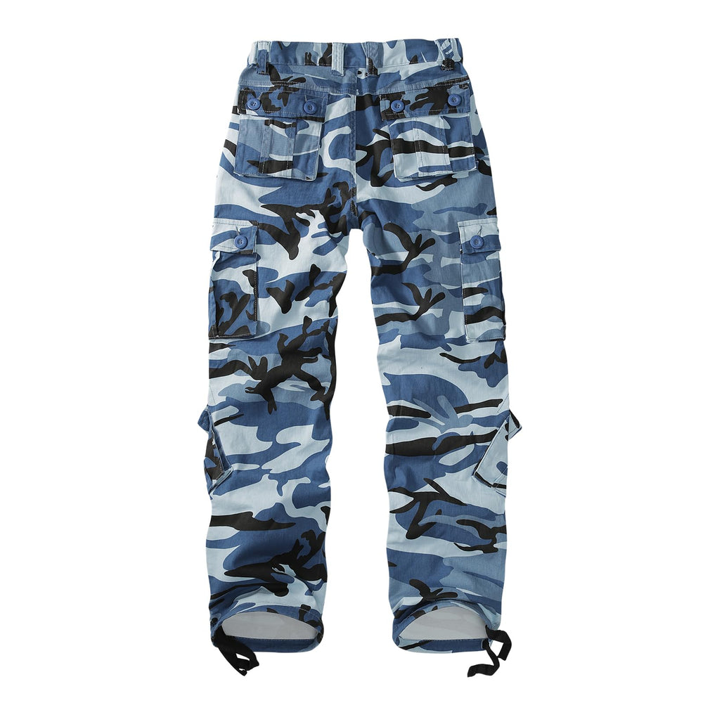 Sobrisah Blue Black Camo Pants back view showcases flattering silhouette and adjustable ankle drawstring.