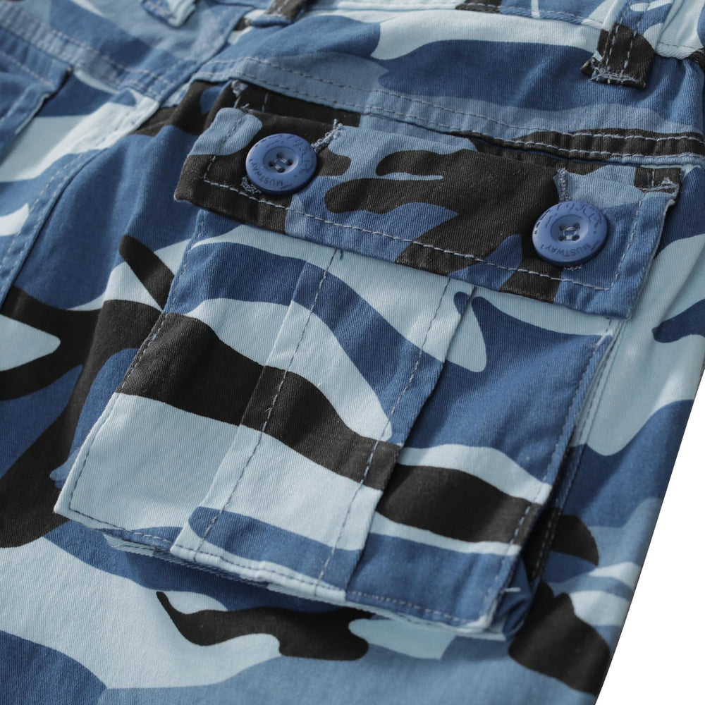 Sobrisah Blue Black Camo Pants fabric closeup reveals sturdy cotton with soft stretch.