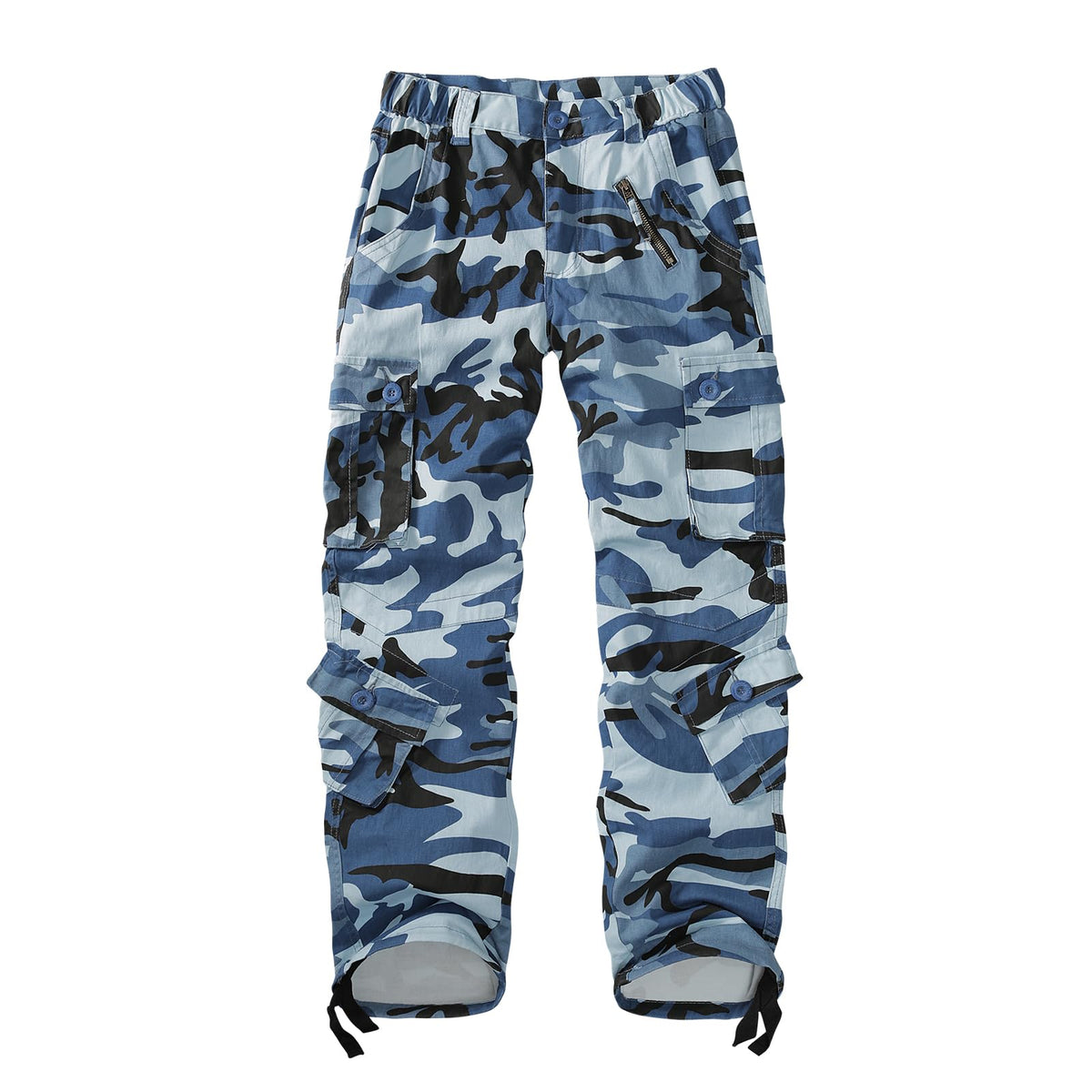 Sobrisah Blue Black Camo Pants front view highlighting mid-rise comfort and streetwear-ready style.