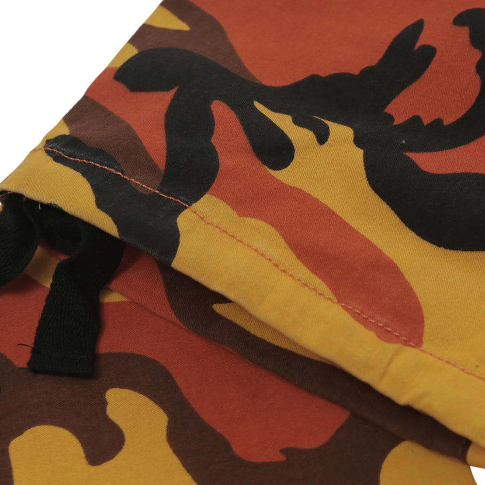 Sobrisah orange camo pants ankle drawstring close-up demonstrates customizable taper