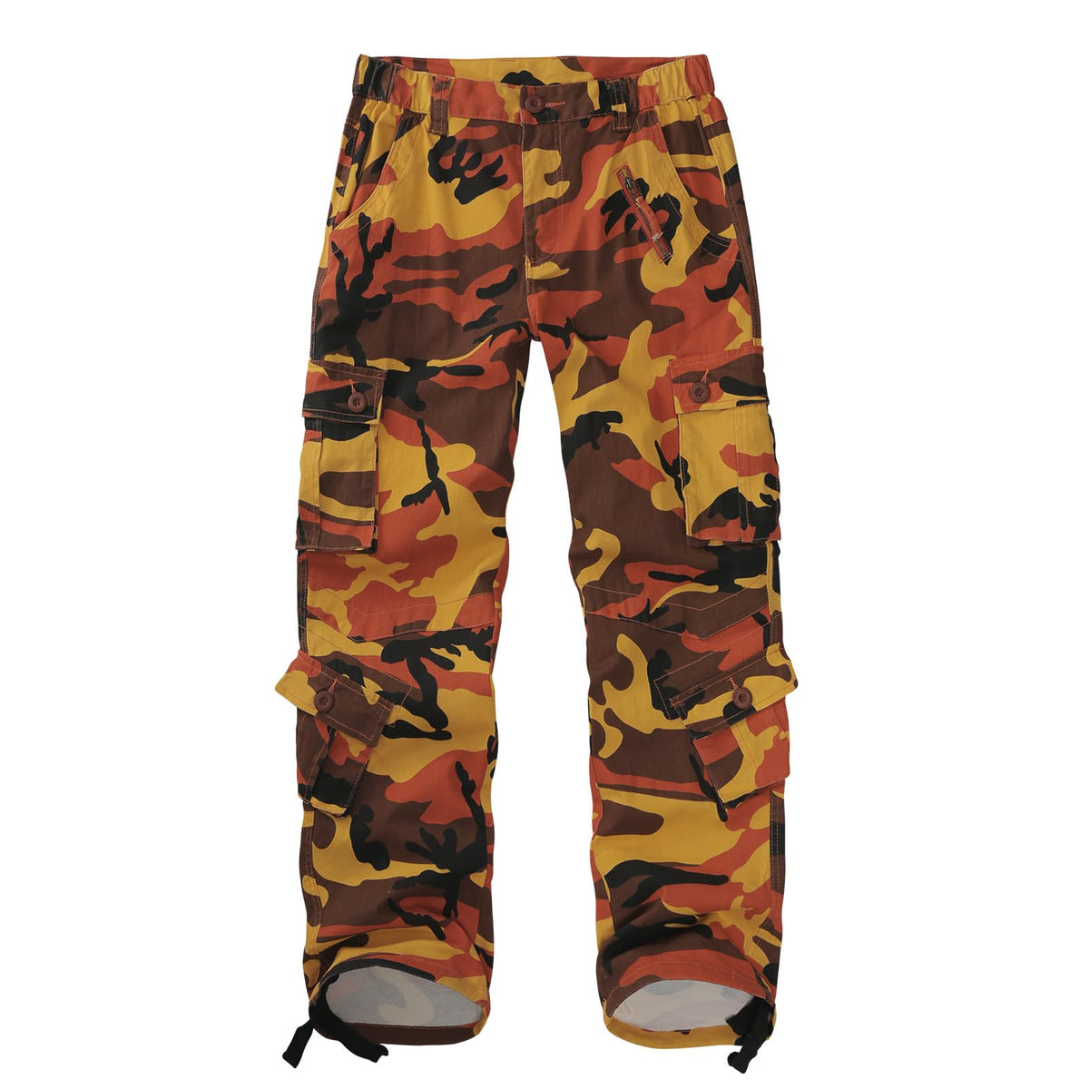 Sobrisah orange camo pants front view highlight roomy cargo pockets for everyday organization