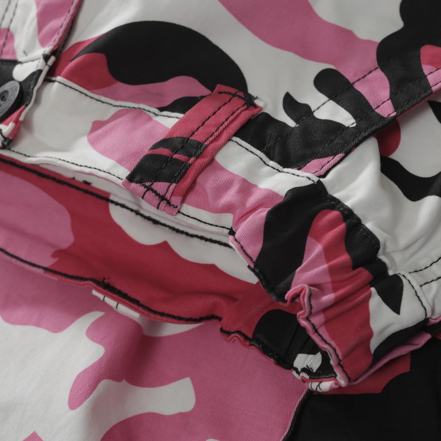 Sobrisah pink camo pants ankle drawstring demonstrates customizable leg silhouette.