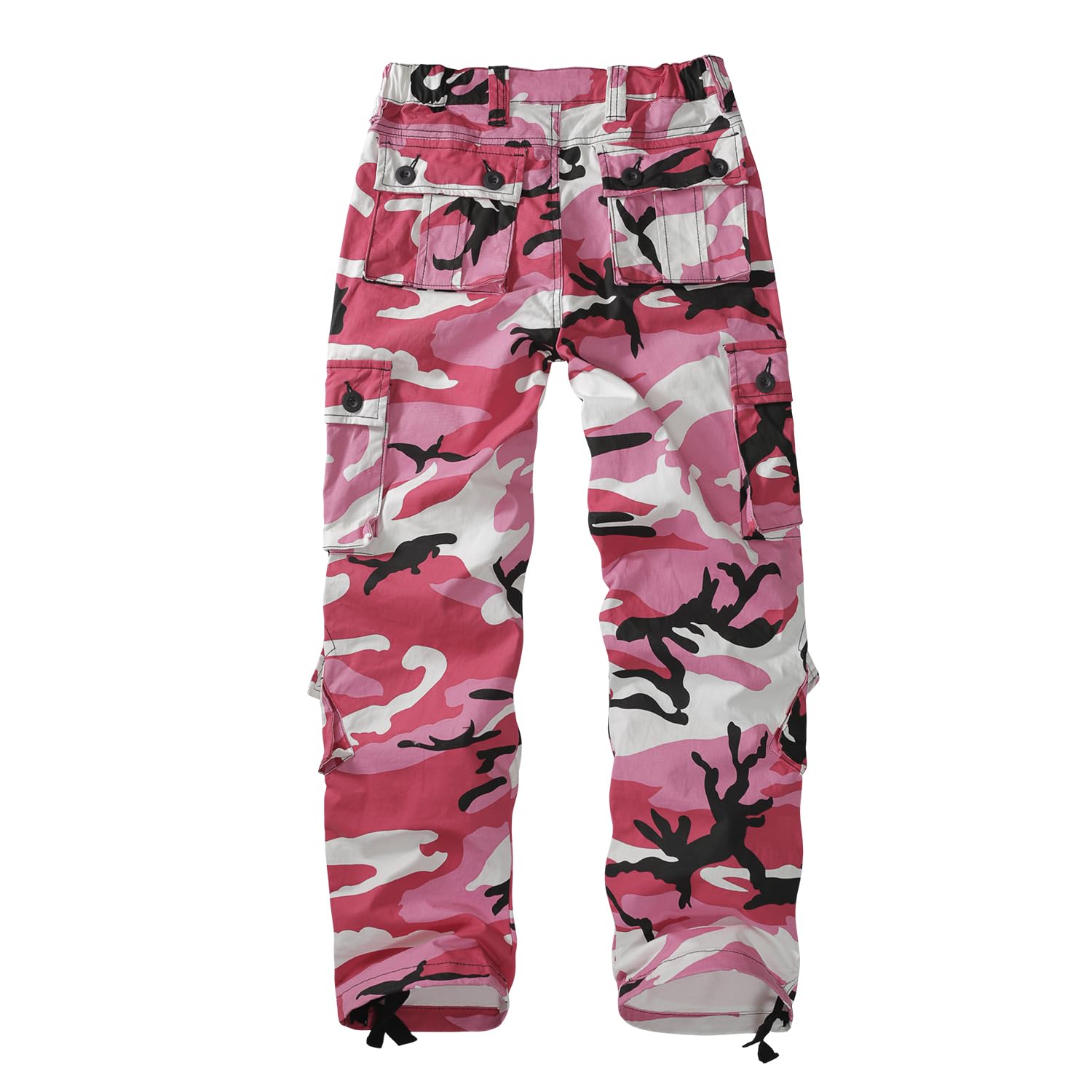 Sobrisah pink camo pants back-pocket detail emphasizes stylish storage while traveling.