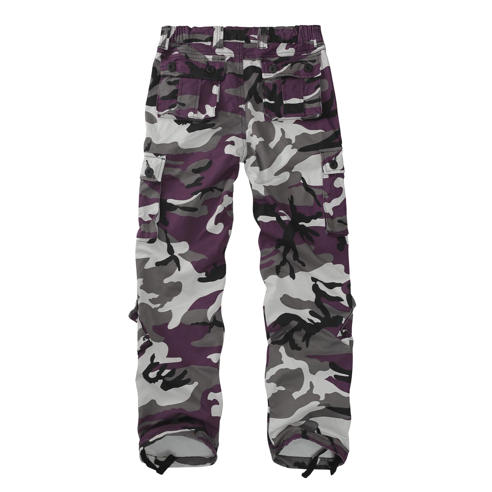 Sobrisah Purple Camo Pants back view with secure rear pockets for valuables while out.