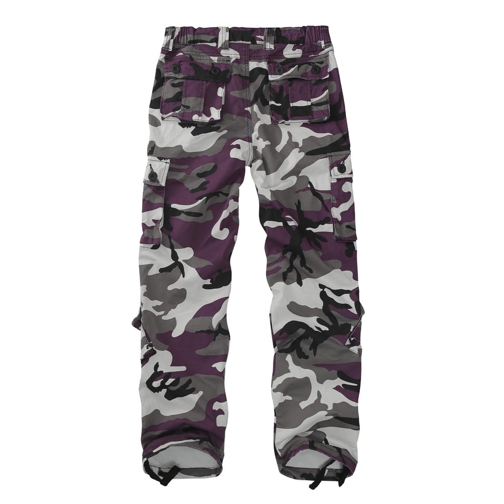 Sobrisah Purple Camo Pants back view with secure rear pockets for valuables while out.