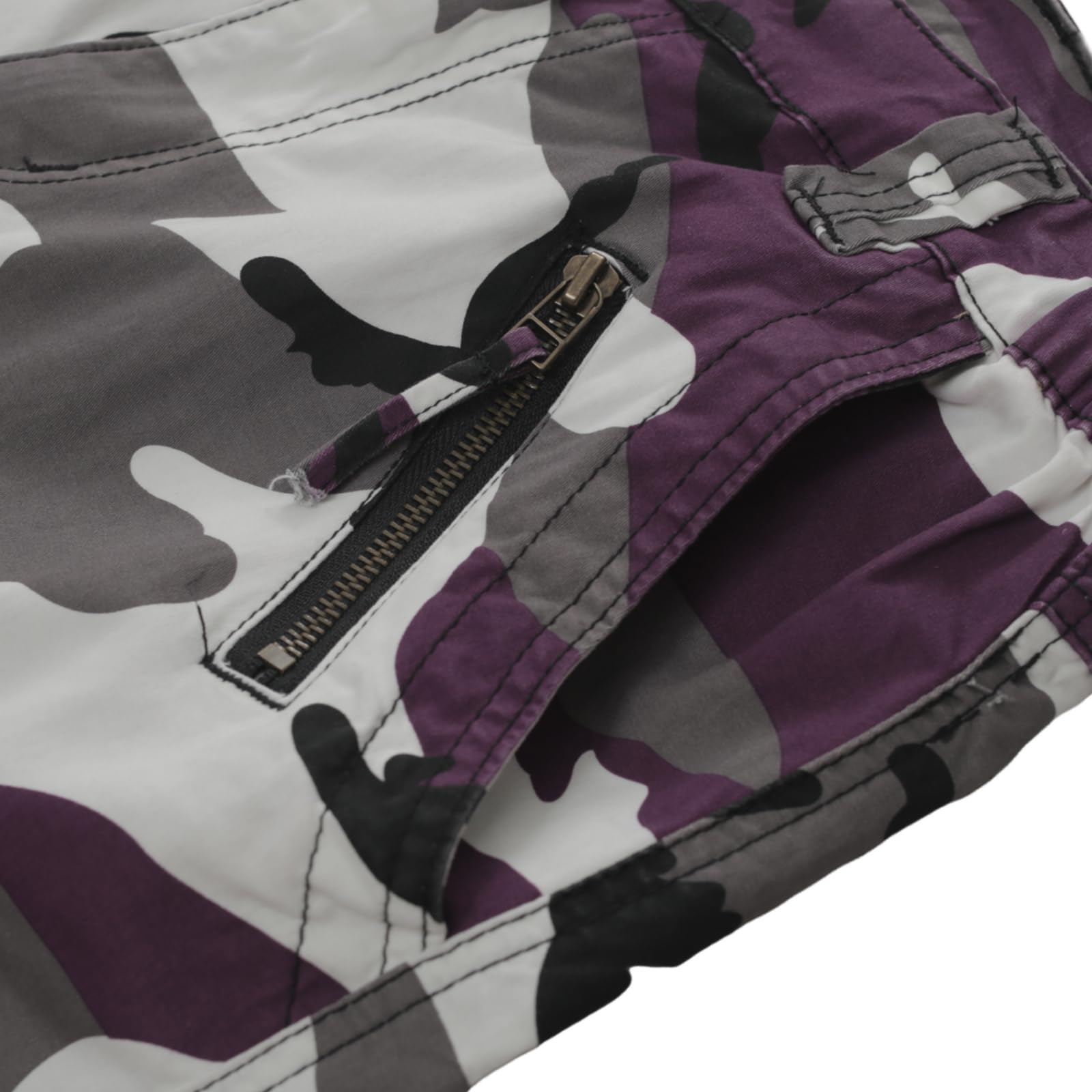 Sobrisah Purple Camo Pants fabric close-up showing heavy cotton with stretch for comfort.