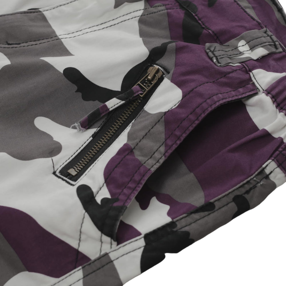 Sobrisah Purple Camo Pants fabric close-up showing heavy cotton with stretch for comfort.