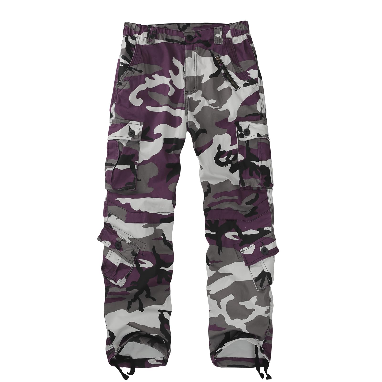 Sobrisah Purple Camo Pants front view showing 9-pocket cargo design for versatile streetwear.