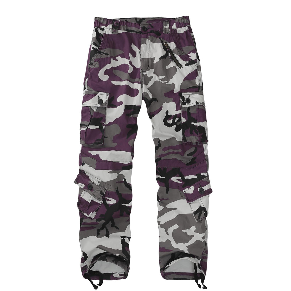 Sobrisah Purple Camo Pants front view showing 9-pocket cargo design for versatile streetwear.
