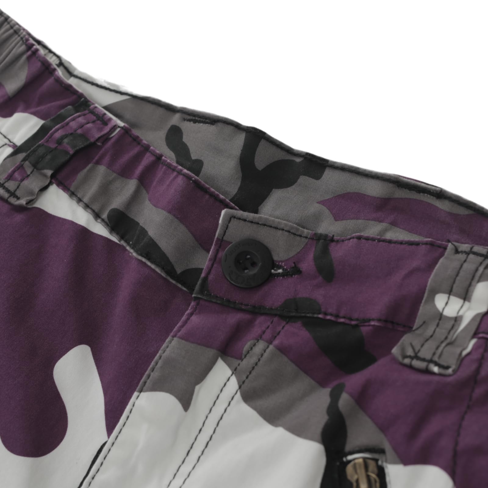Sobrisah Purple Camo Pants mid-rise fit on model for relaxed everyday wear.