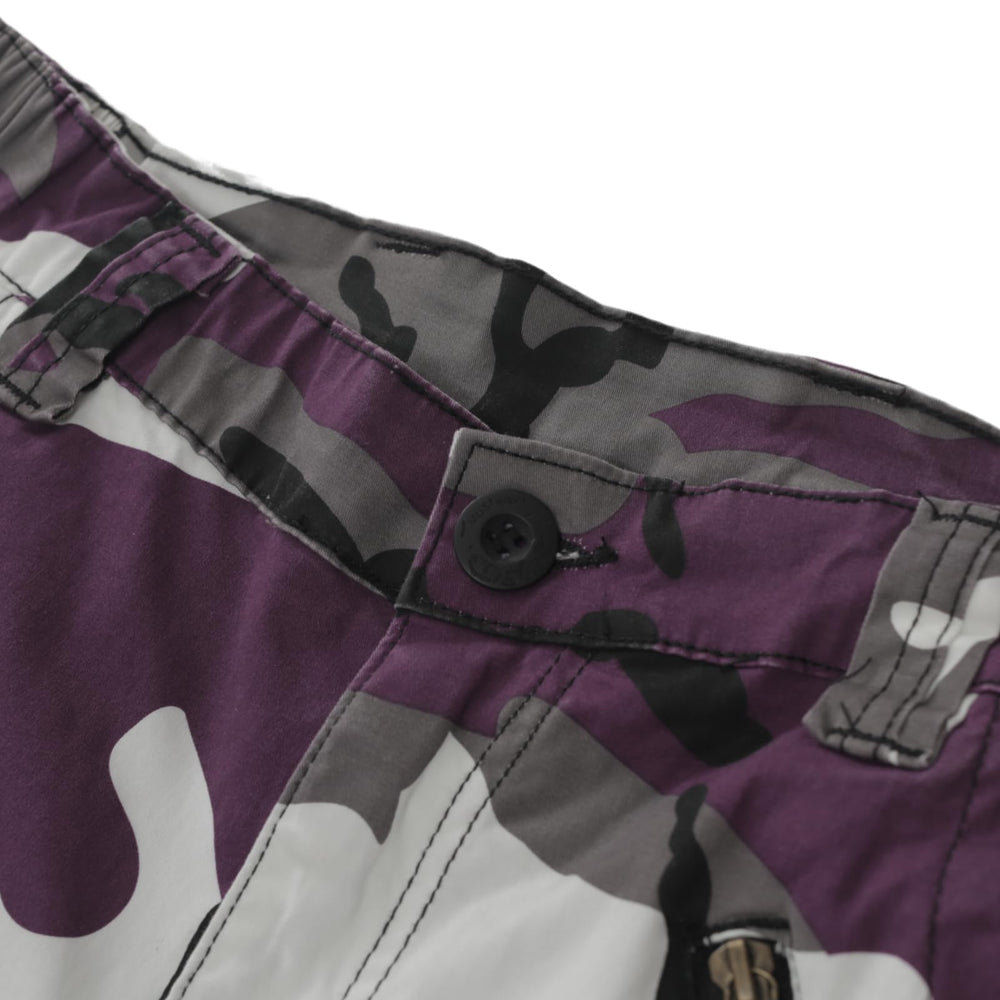 Sobrisah Purple Camo Pants mid-rise fit on model for relaxed everyday wear.
