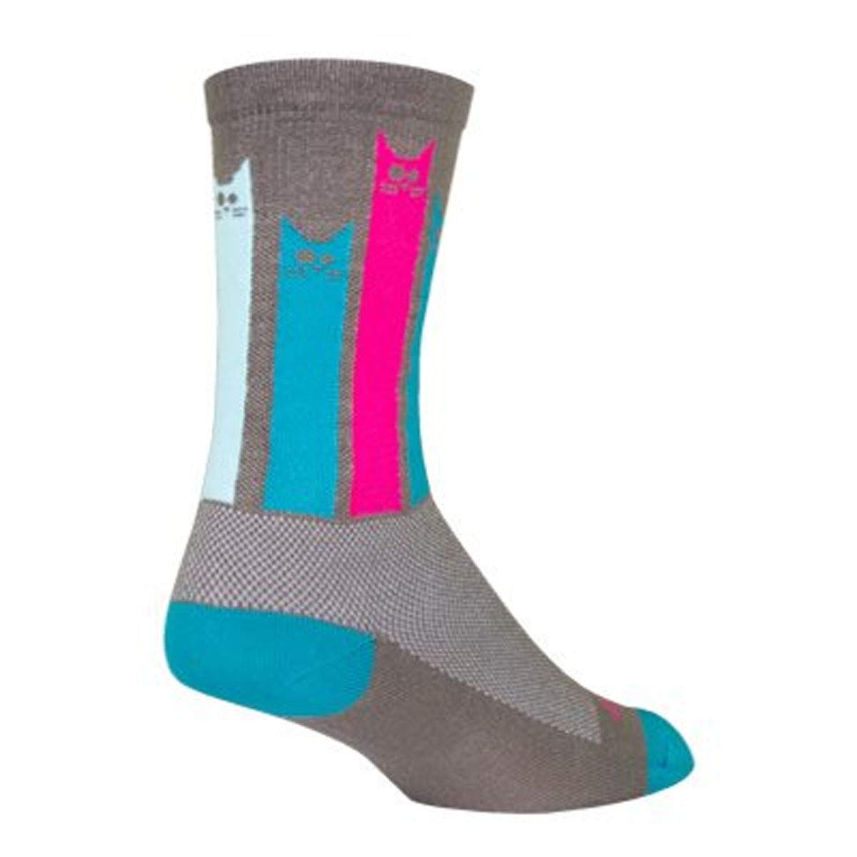 SockGuy Crew Felines socks in gray, pink, teal with 6-inch cuff and all-day comfort.
