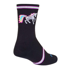 SockGuy Dark Magic 6in sock with rainbow skeleton unicorn on black for Halloween outfits