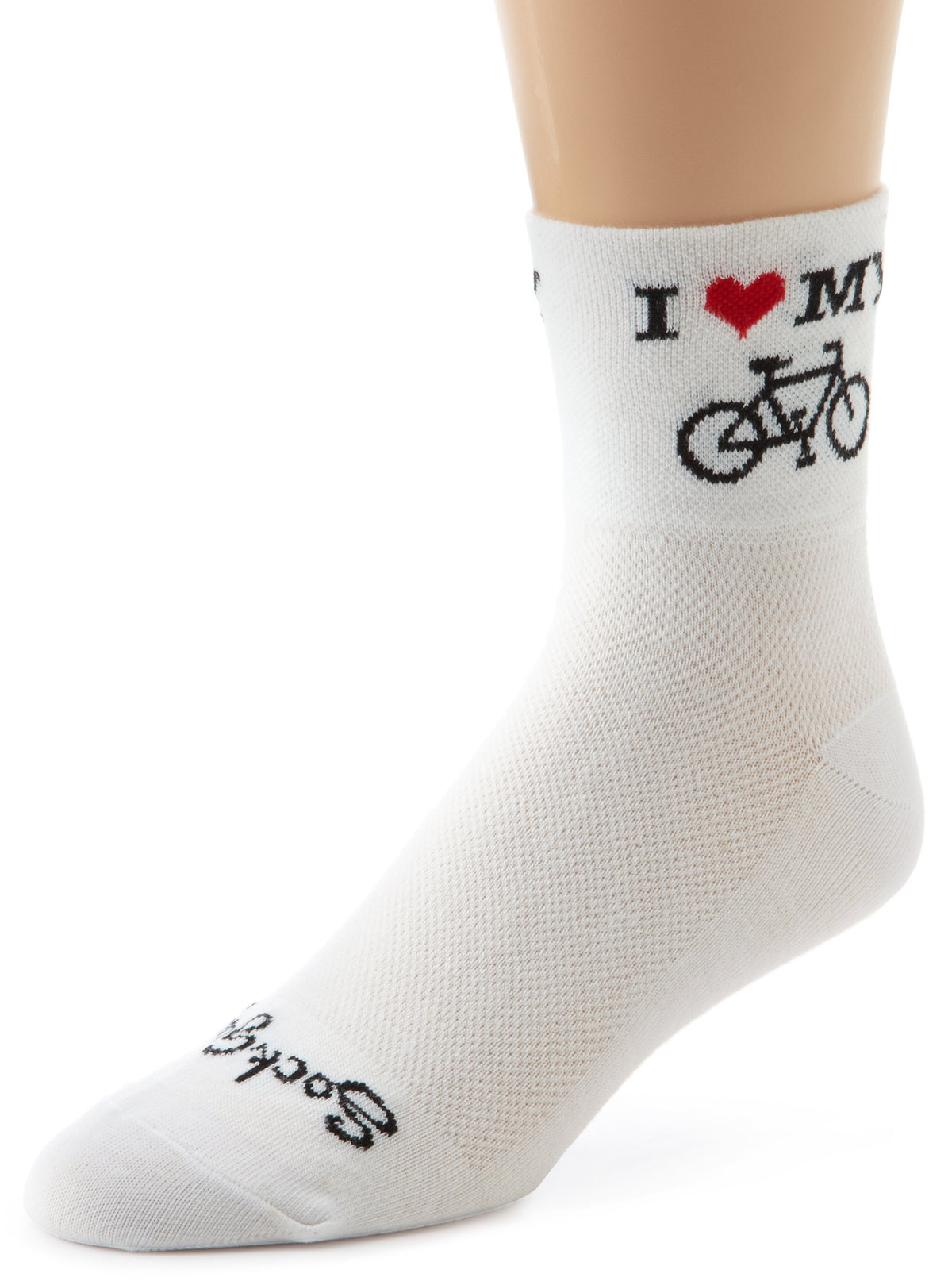 SockGuy Heart My Bike socks, white front view, breathable comfort for cycling
