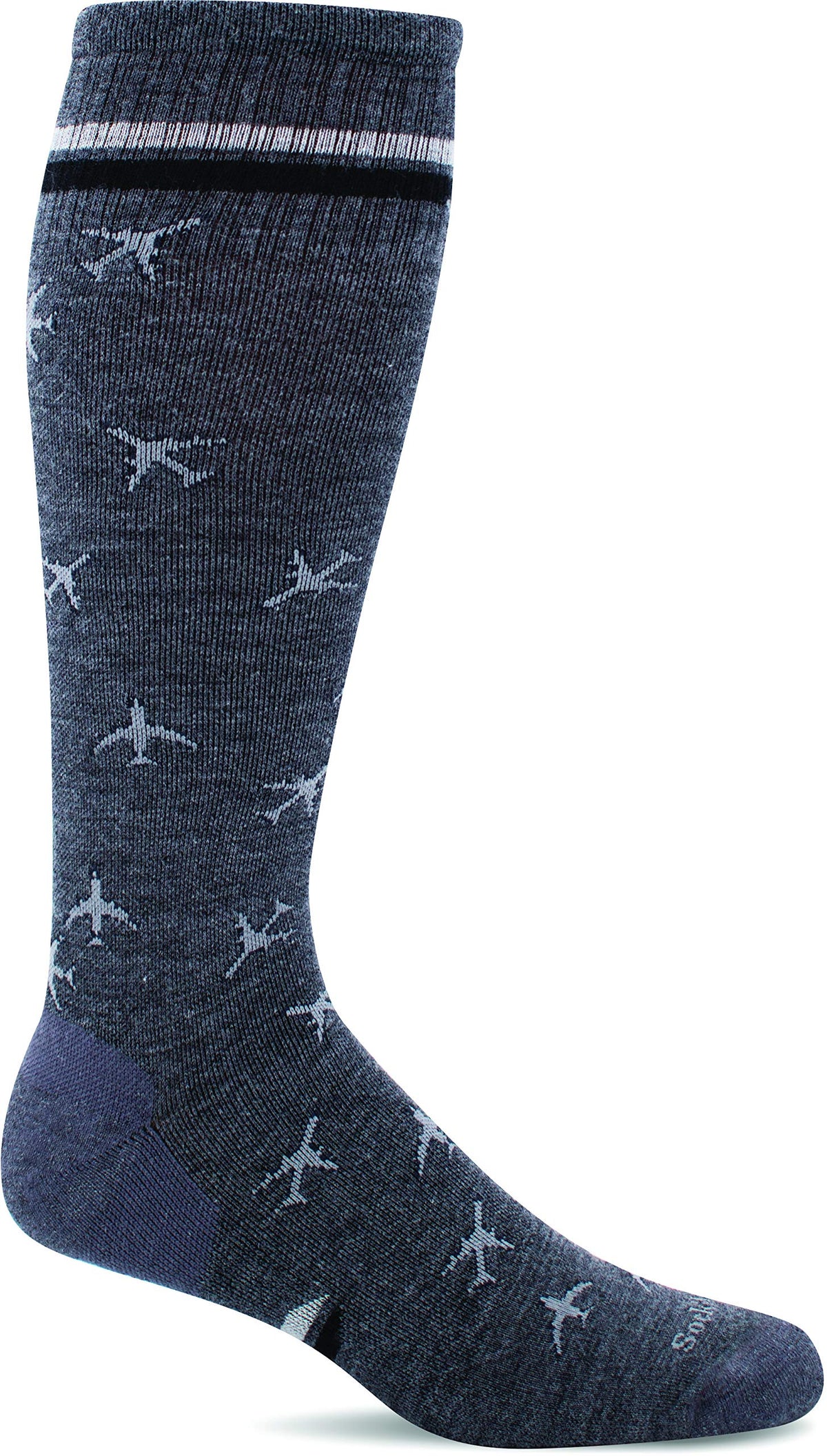 Sockwell In Flight charcoal compression sock, close-up knit highlights breathable merino blend for all-day comfort.