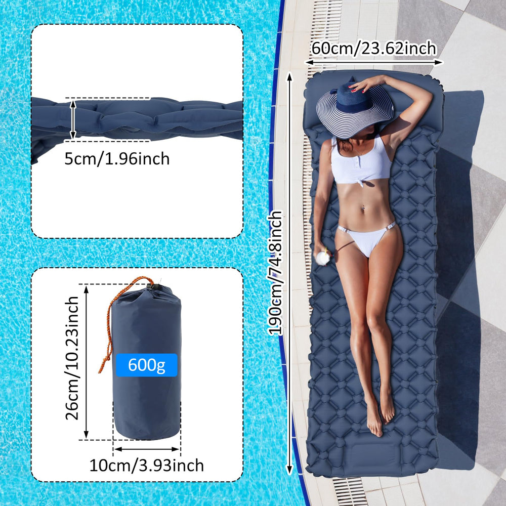 SOEWWEKLAX sleeping pad with built-in pillow supports head and neck.