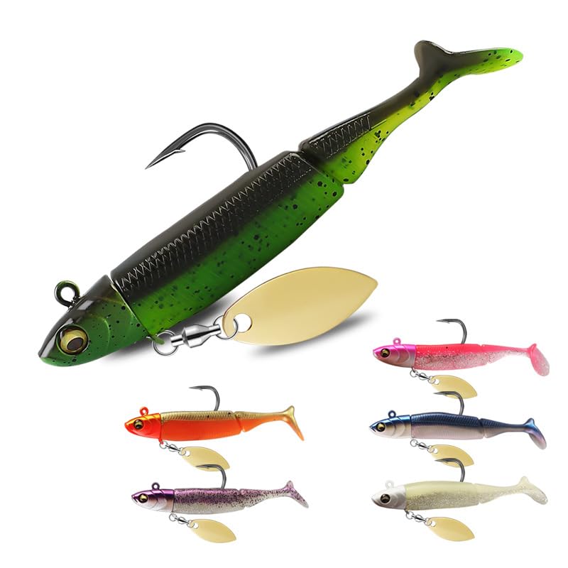 Soft Fishing Lure Set with Spinner Blade in six colors displayed together