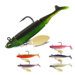 Soft Fishing Lure Set with Spinner Blade in six colors displayed together