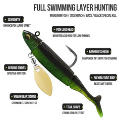 Six colorful soft swimbaits arranged for display