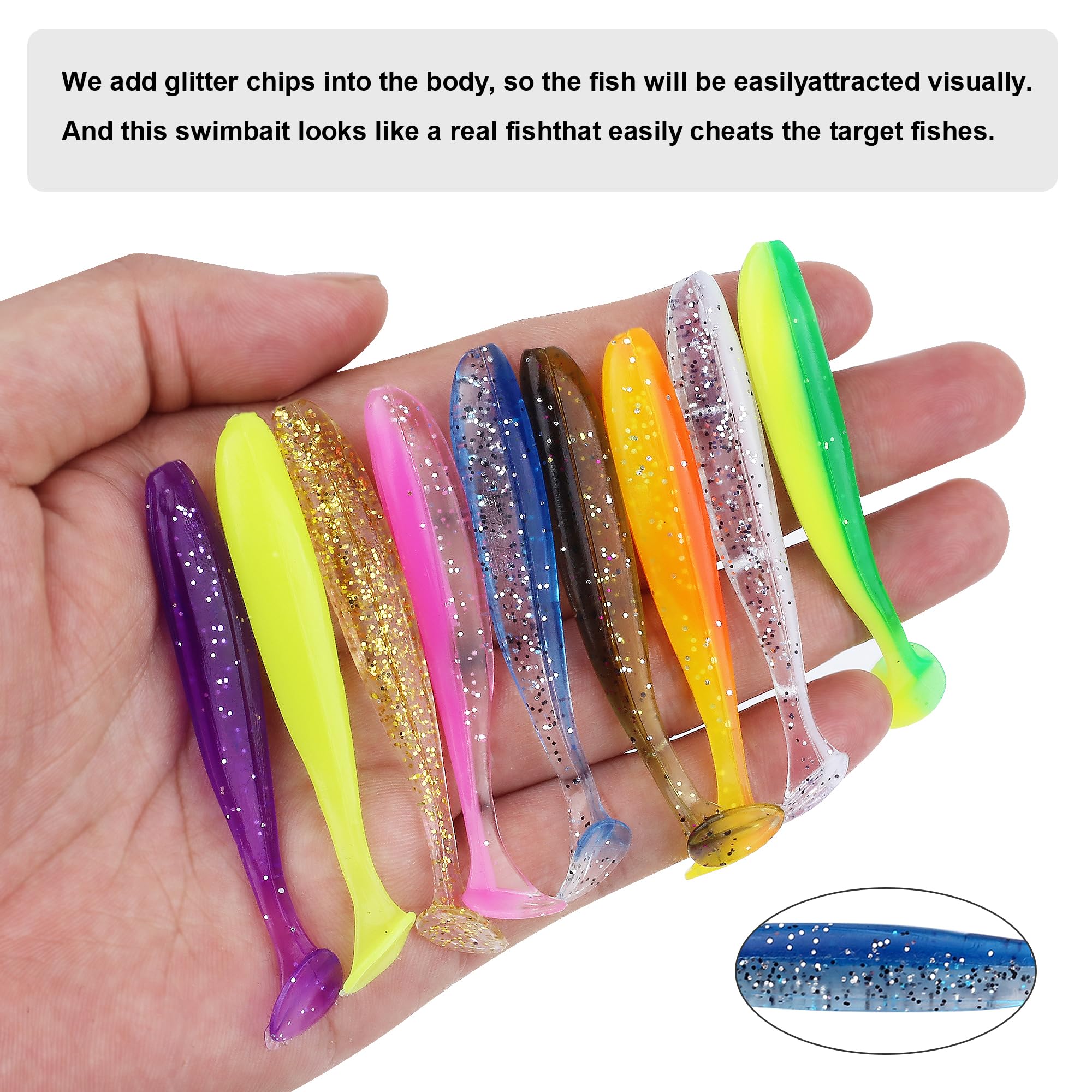 Nine color paddle-tail swimbaits for various water conditions