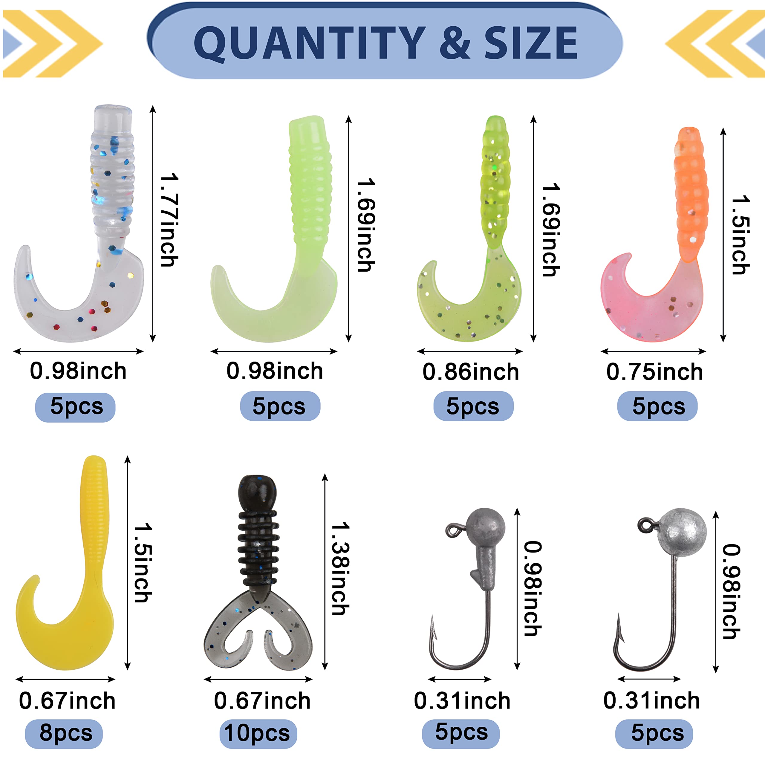 Close-up of lifelike grub lures in the kit