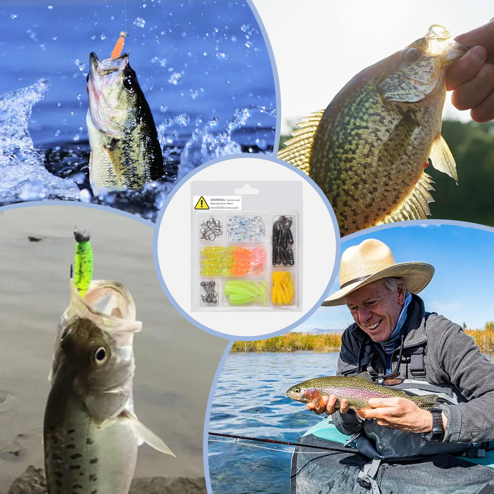 Various colored grub lures included in the kit