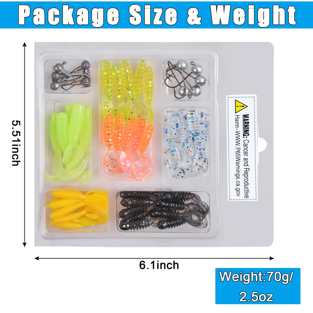 48-piece soft plastic lure kit displayed for fishing