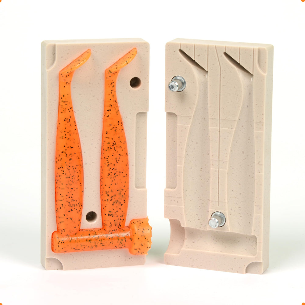Soft plastic lure mold 3.2 inch two cavity front view