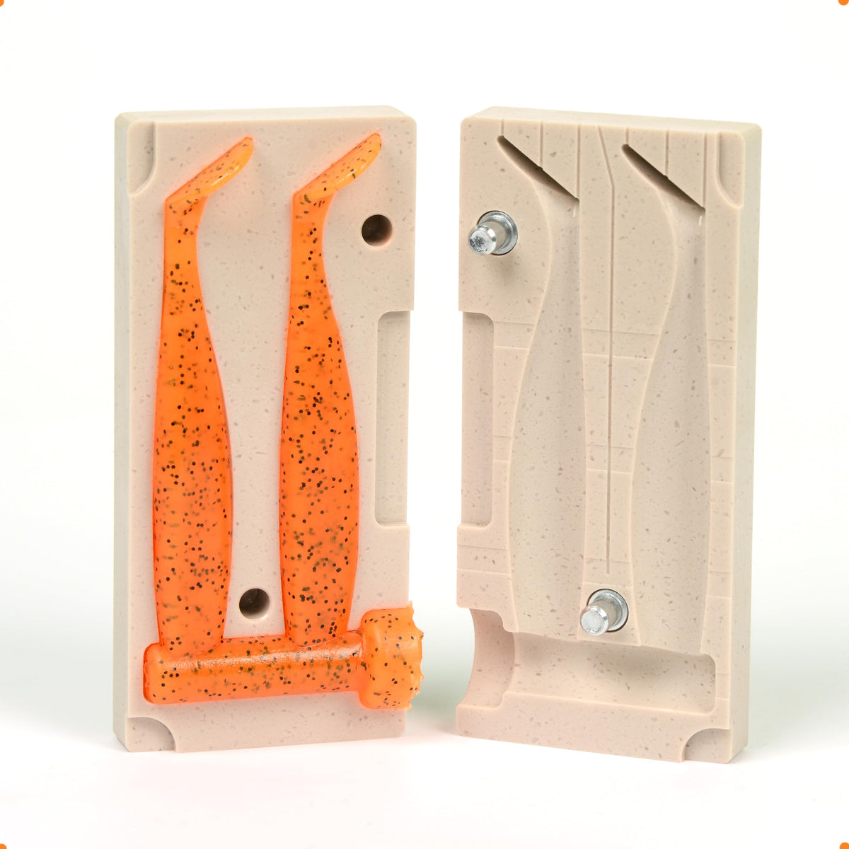 Soft plastic lure mold 3.2 inch two cavity front view
