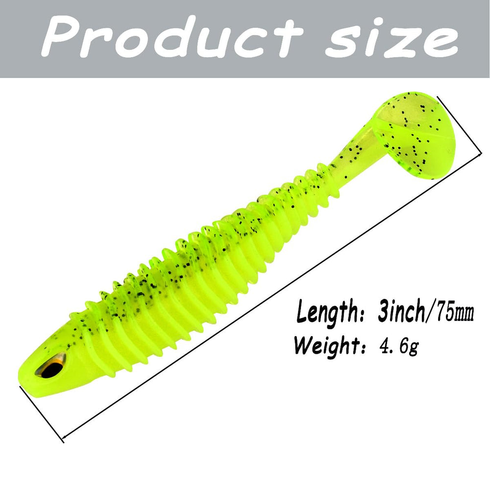 Close-up of ribbed body soft swimbait with enlarged paddle tail