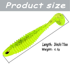 Close-up of ribbed body soft swimbait with enlarged paddle tail
