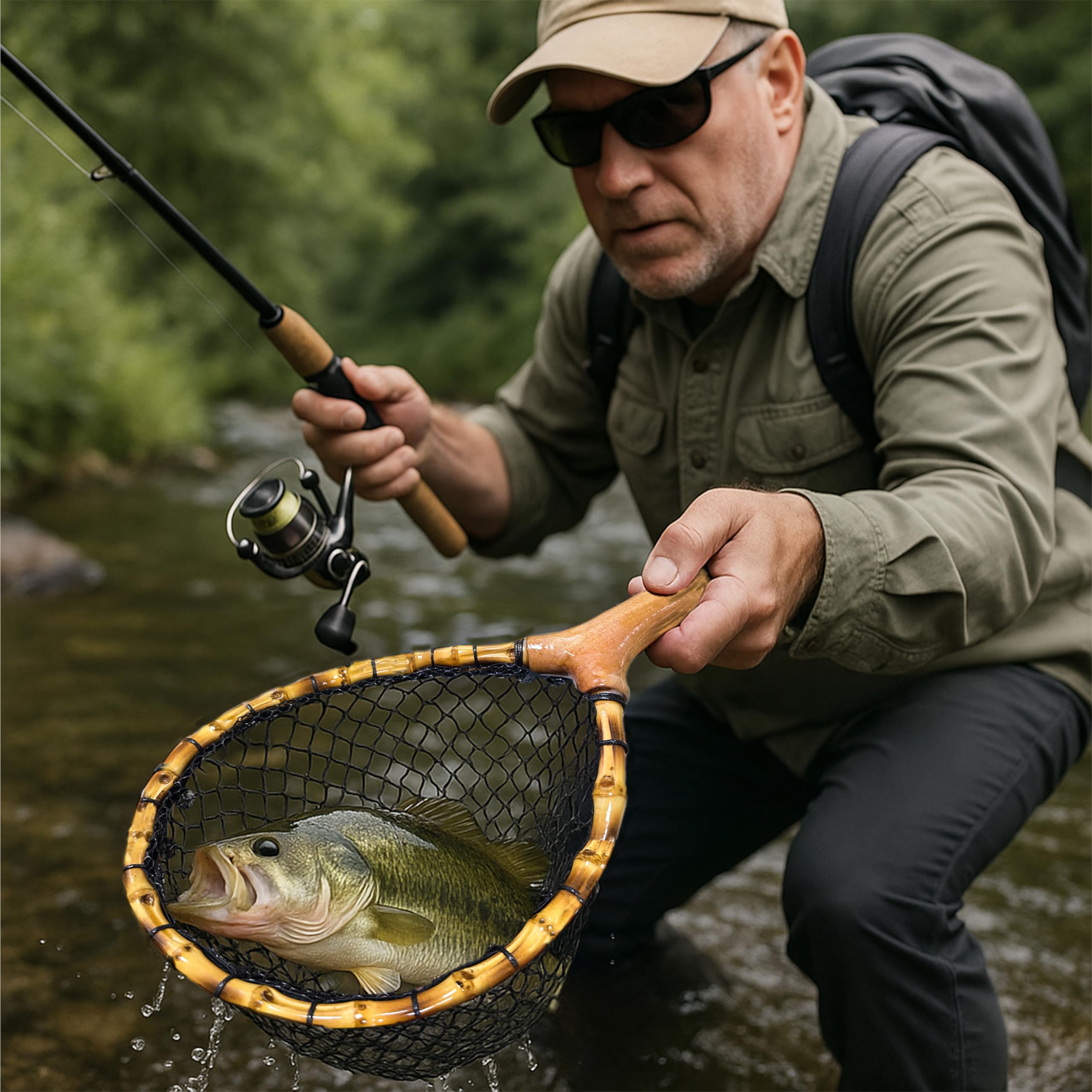 Trout net with fish-friendly soft rubber mesh