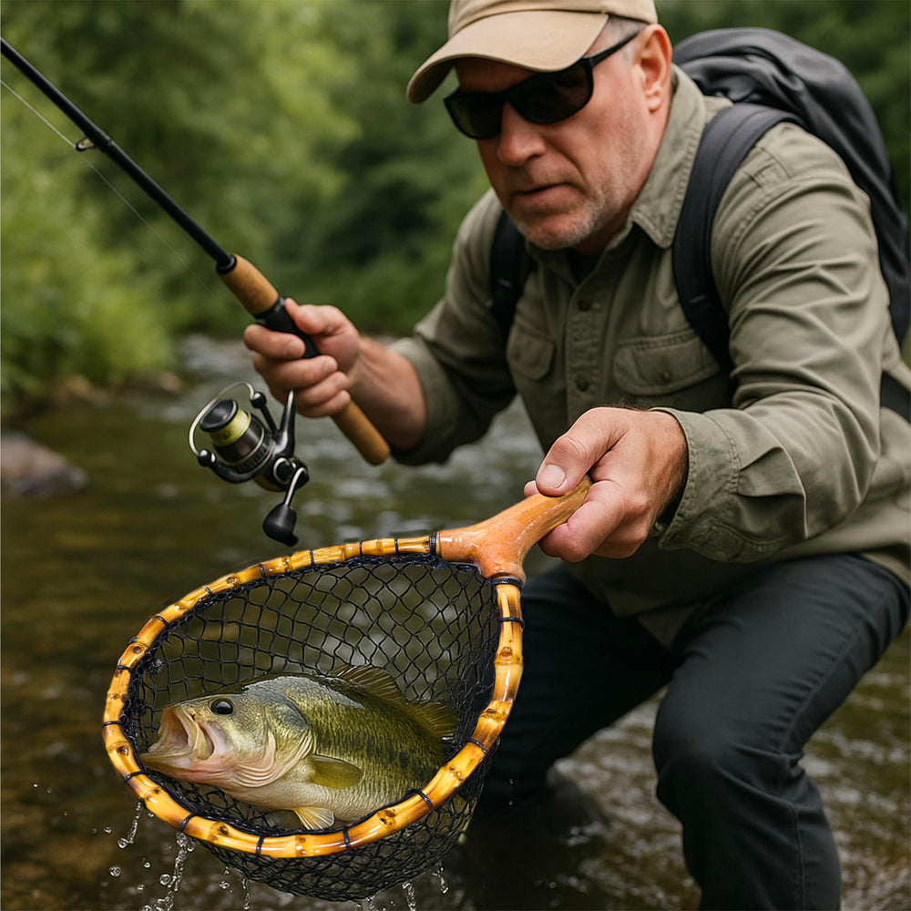 Trout net with fish-friendly soft rubber mesh