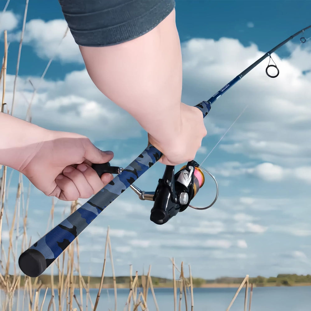 SoftShrink blue camo shrink tube on badminton grip enhances anti-slip traction