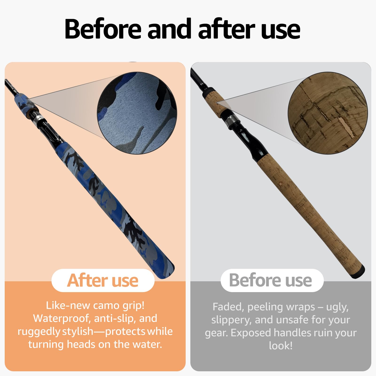 SoftShrink blue camo shrink tube on fishing rod handle provides secure, comfortable grip
