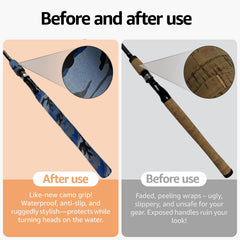 SoftShrink blue camo shrink tube on fishing rod handle provides secure, comfortable grip