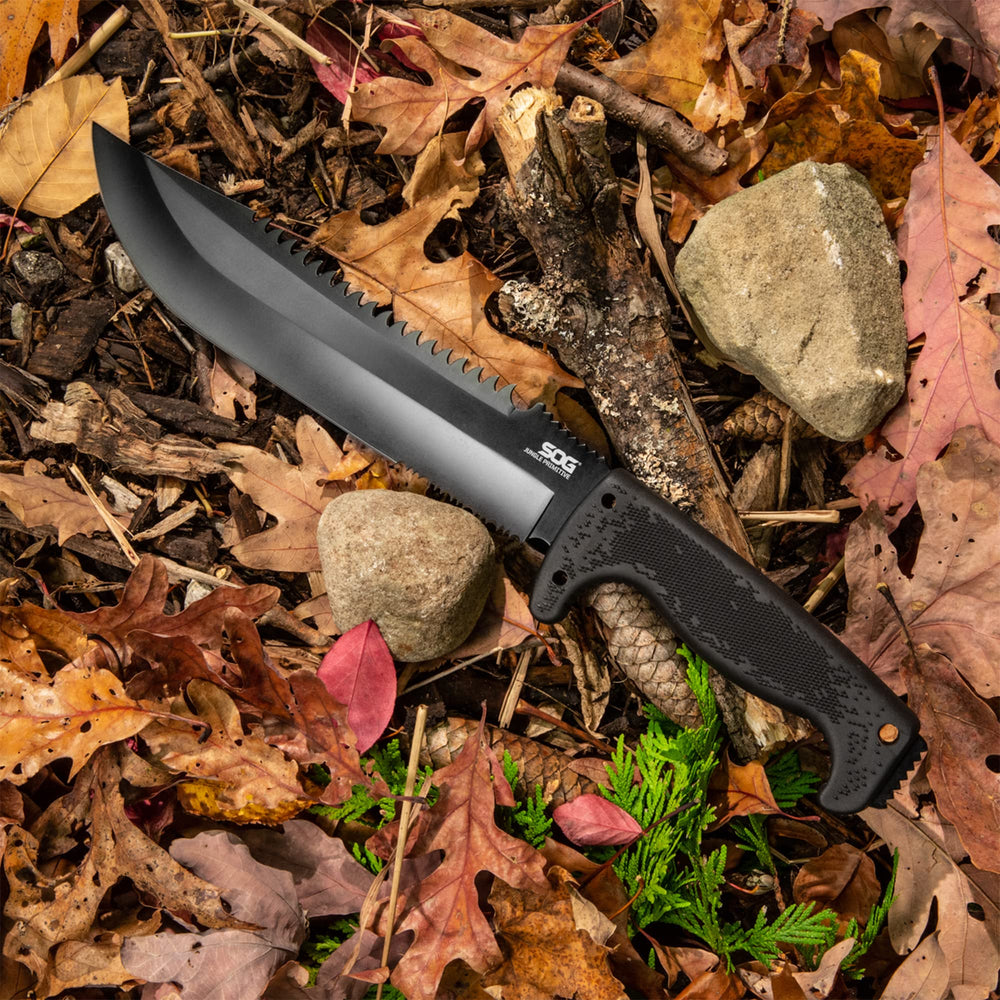 SOG Jungle Primitive compact survival tool for camping tasks.