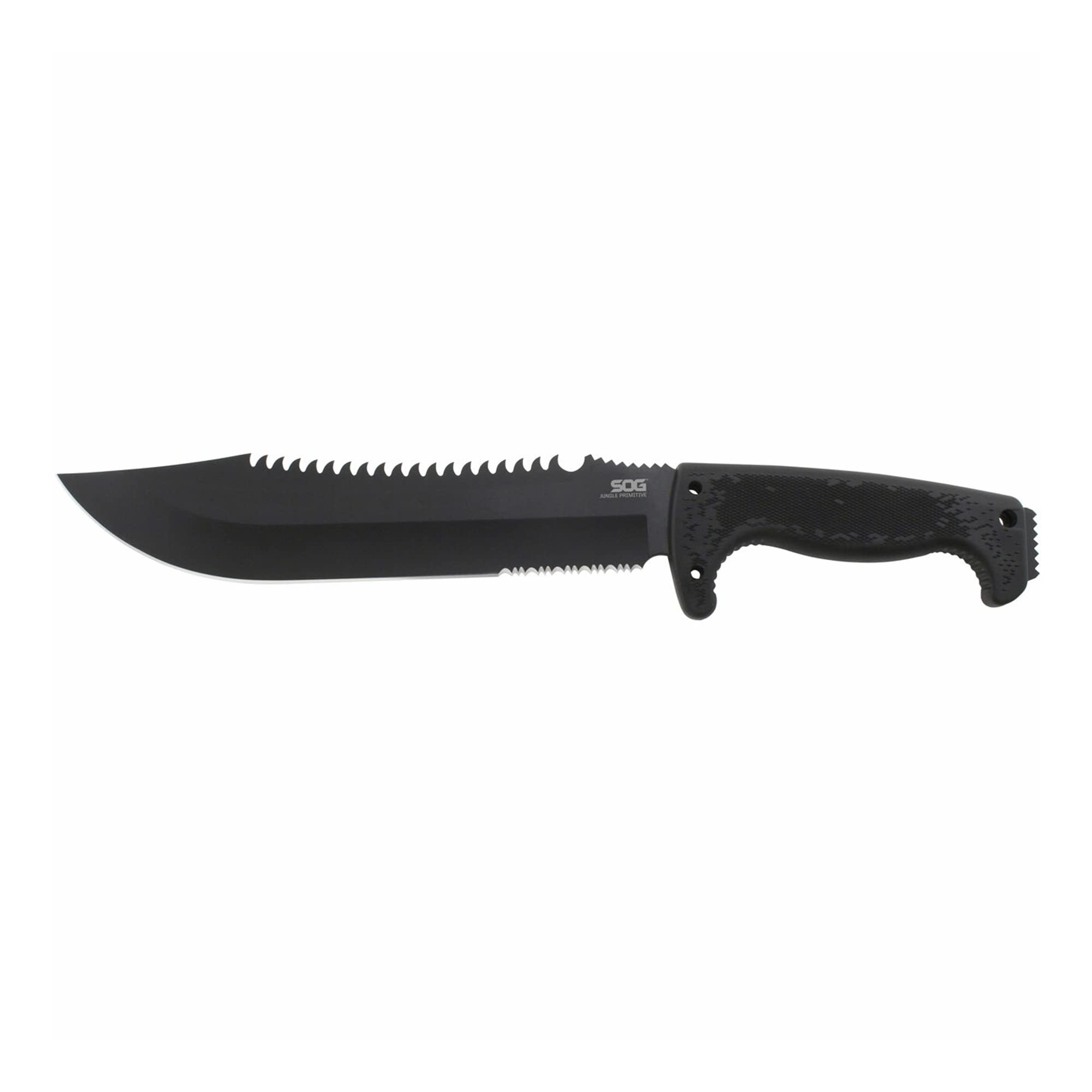 SOG Jungle Primitive serrated spine ready for sawing tasks outdoors.